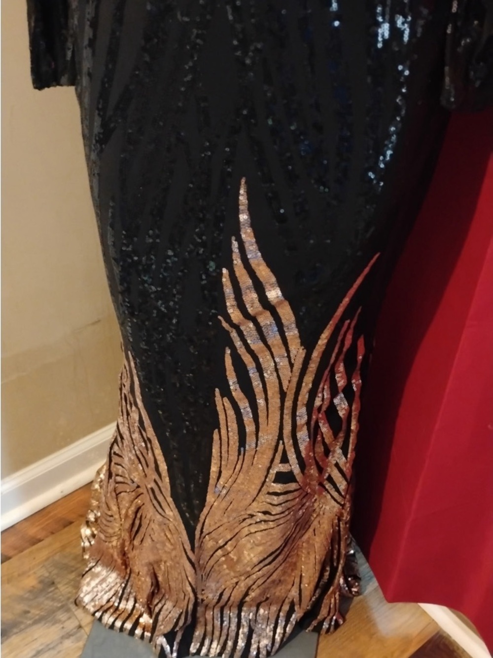Black Off-Shoulder Sequin Gown with Gold Flame Hem - Picture 5 of 9